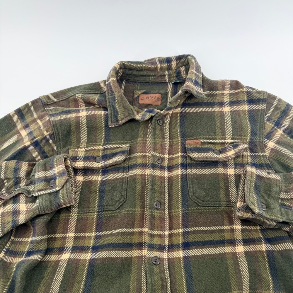 VTG Orvis Classic Collection Flannel Shirt Jacket Plaid Pockets L Olive Green